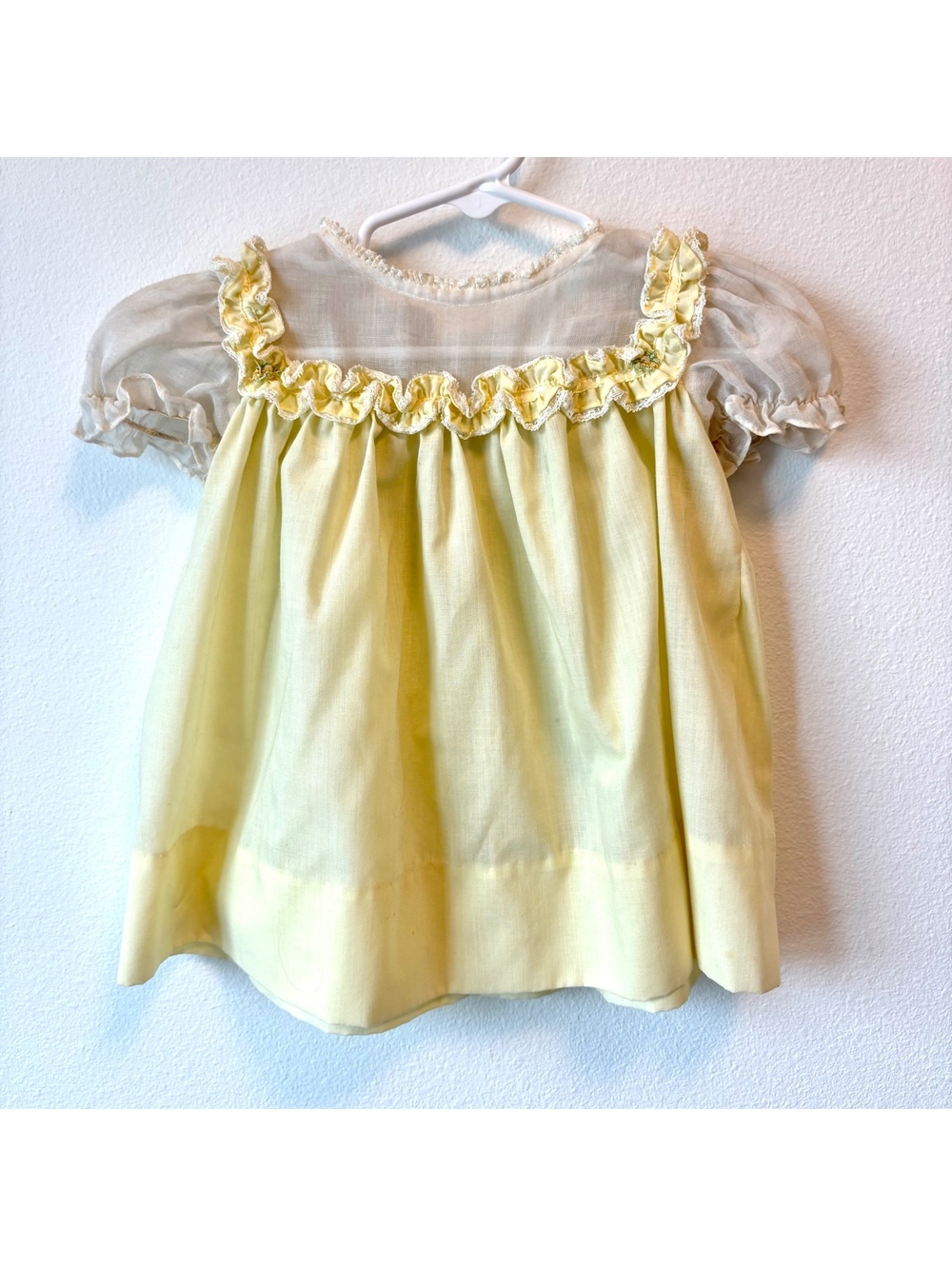 Vintage Nanette 3T Yellow Toddler Dress Sheer Puff Sleeves Lace Trim Made USA